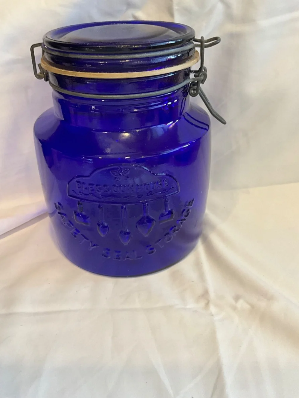 Vintage Crownford‎ China Co Cobalt Blue 2-Quart Jar Bless Our House Italy